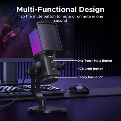 Black ugreen usb microphone with purple-lit mesh grille and adjustable gain knob for gaming karaoke recording streaming podcasting