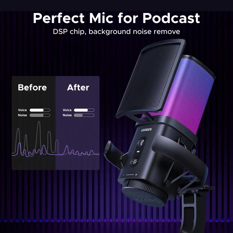 Black UGREEN USB microphone with purple mesh grille and pop filter featuring touch mute for gaming karaoke recording
