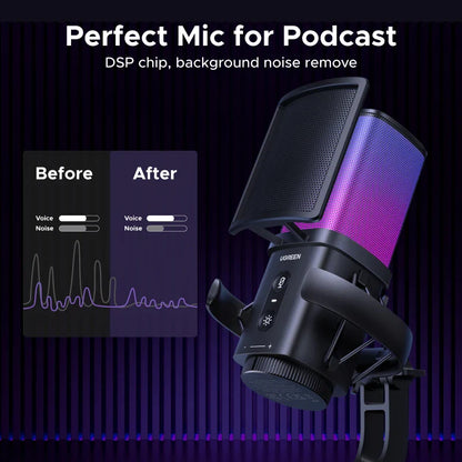 Black UGREEN USB microphone with purple mesh grille and pop filter featuring touch mute for gaming karaoke recording