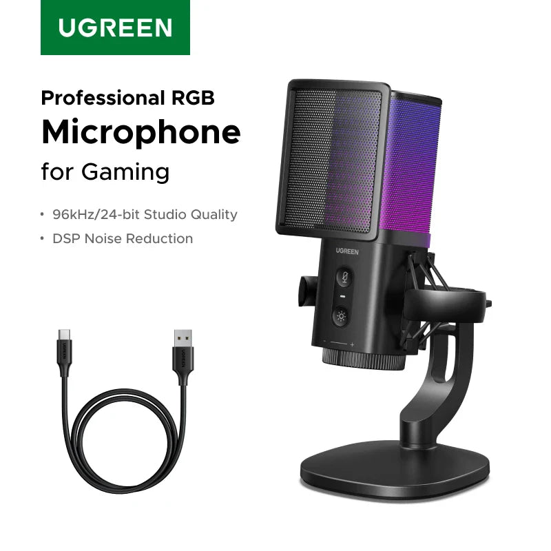 Black ugreen usb microphone with purple rgb lighting grille and touch mute button for gaming karaoke recording streaming podcasting
