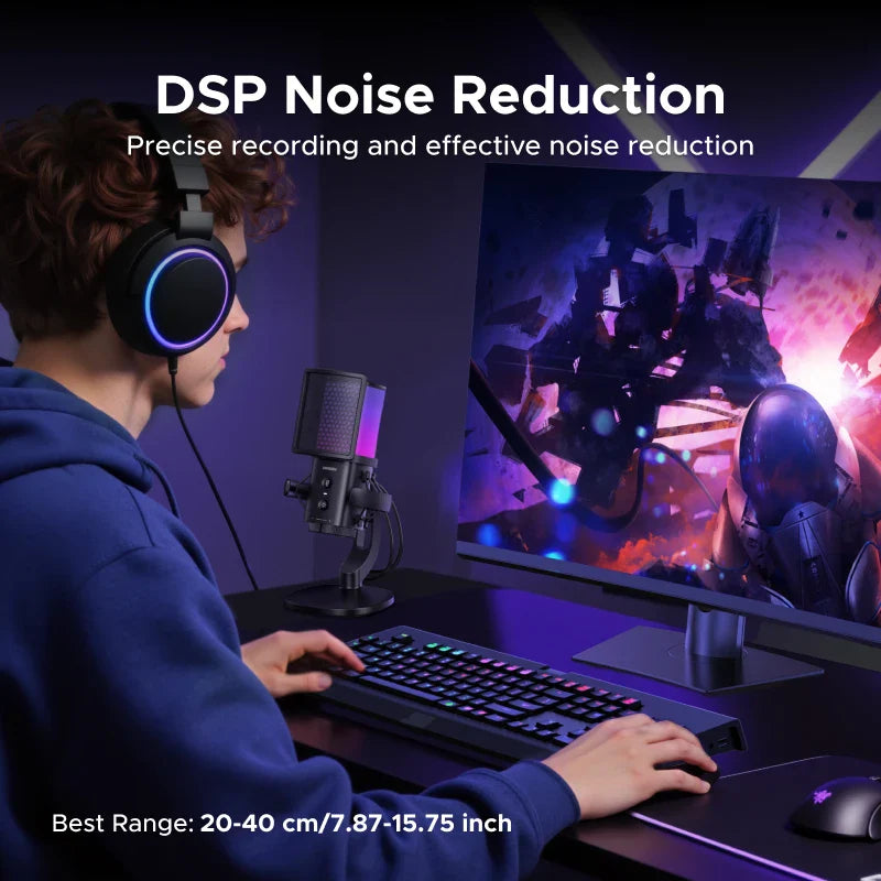Black gaming headset with glowing blue circular accents paired with ugreen usb microphone for recording streaming podcasting