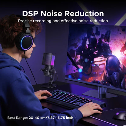 Black gaming headset with glowing blue circular accents paired with ugreen usb microphone for recording streaming podcasting