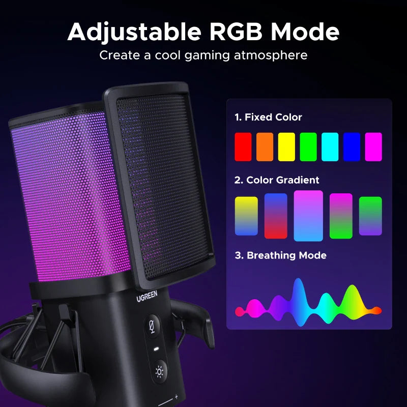 Black UGREEN USB microphone with mesh grille and adjustable RGB lighting for gaming karaoke recording streaming podcasting