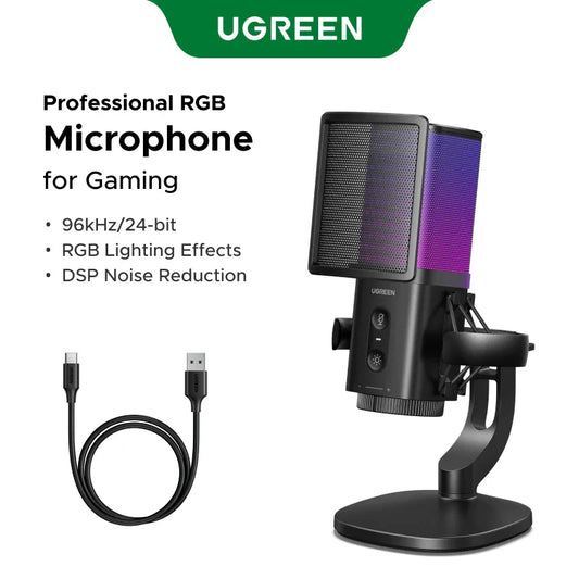 Black ugreen usb microphone with purple gradient mesh grille and usb cable for gaming karaoke recording streaming podcasting