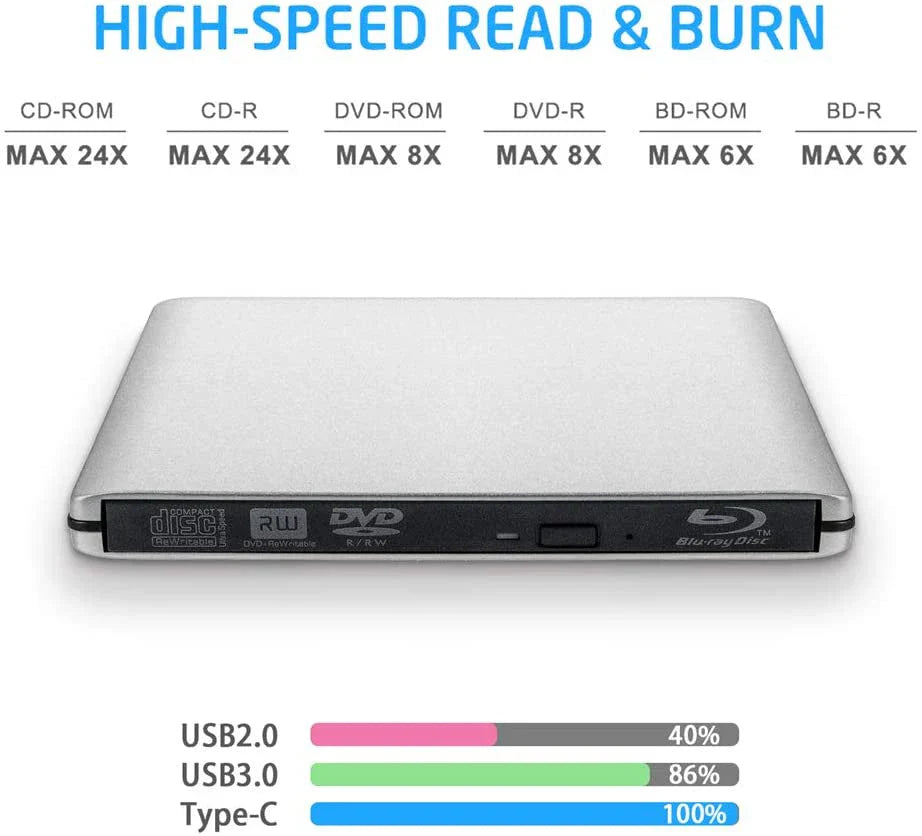 Silver slim external blu-ray drive with usb 3.0 supports dvd+r and uhd 4k blu-ray burning for windows mac os