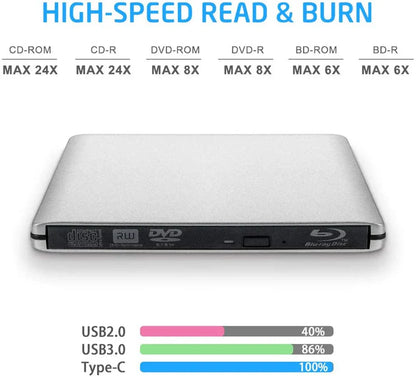 Silver slim external blu-ray drive with usb 3.0 supports dvd+r and uhd 4k blu-ray burning for windows mac os