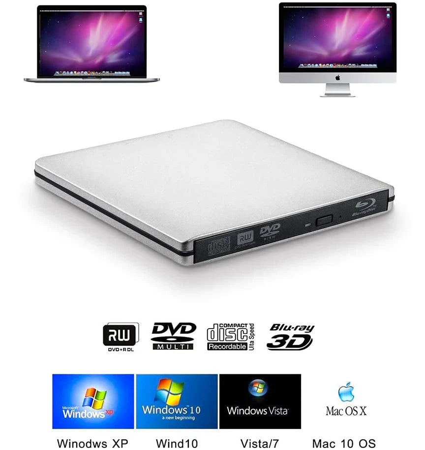 Silver uhq 4k blu-ray drive with sleek black accents external dvd+r burner usb3.0 compatible with windows and mac os