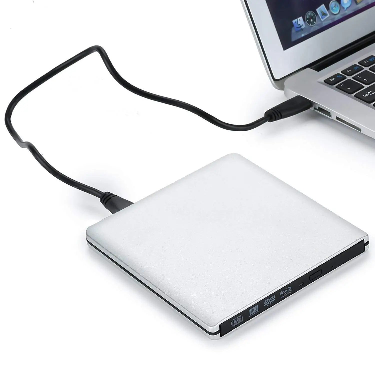 Silver blu-ray drive with sleek minimalist design and black cable connected to laptop for dvd+r and 4k blu ray playback
