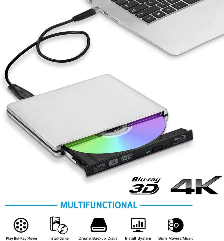 Silver external blu-ray drive with usb3.0 connectivity featuring a colorful disc partially ejected and 4k blu-ray 3d compatibility