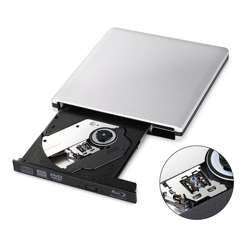 Silver external blu-ray drive with sleek slim design and black tray usb 3.0 dvd+r burner for windows and mac os