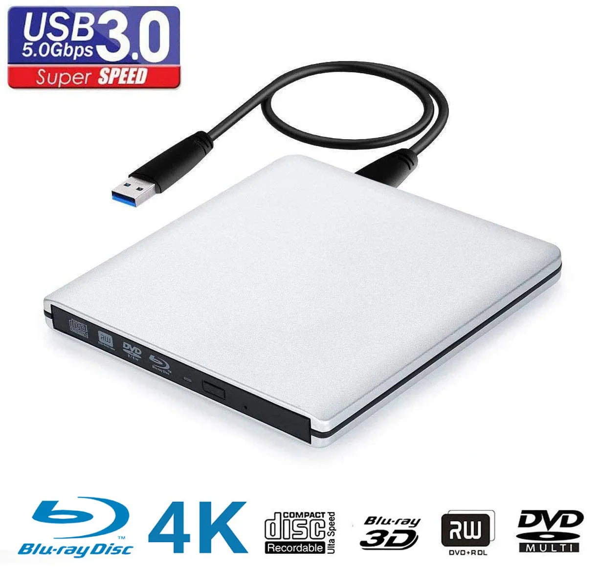 Silver blu ray usb 3.0 external blu-ray drive with black cable and blue connector for high-speed dvd+r playback