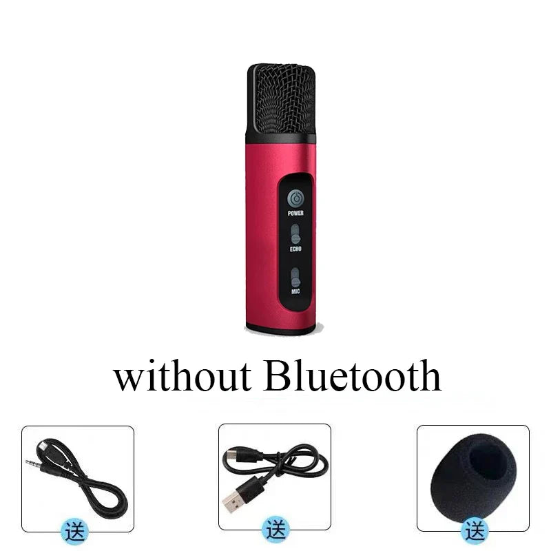 Red uhf car ktv wireless microphone karaoke bluetooth with black mesh grille and control buttons for echo and power