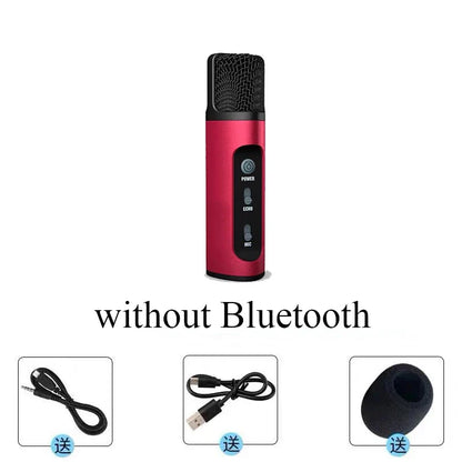 Red uhf car ktv wireless microphone karaoke bluetooth with black mesh grille and control buttons for echo and power