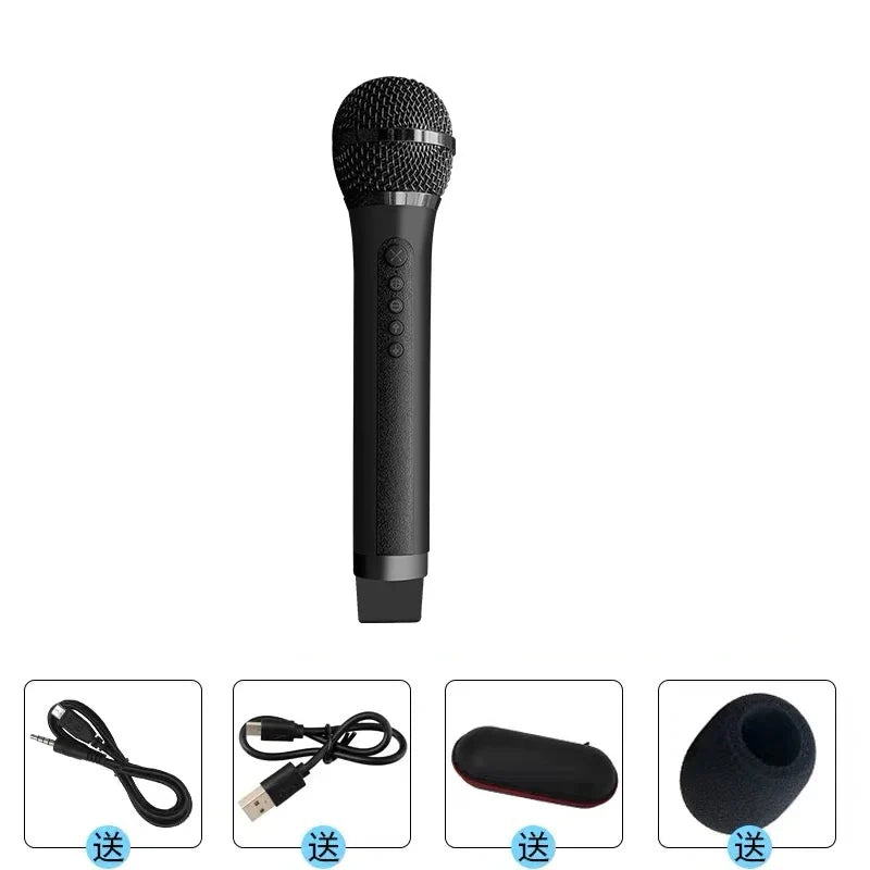Black handheld wireless microphone with textured grille and control buttons for car ktv suit and microphone karaoke bluetooth use