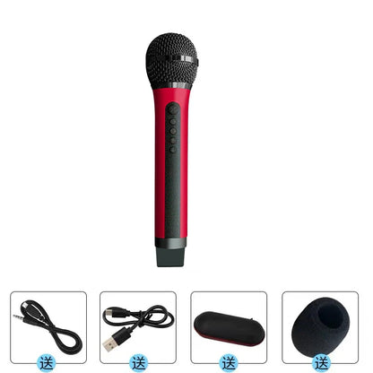 Red and black wireless handheld microphone karaoke bluetooth with textured grip and mesh grille for car ktv suit and k-song mobile phone use