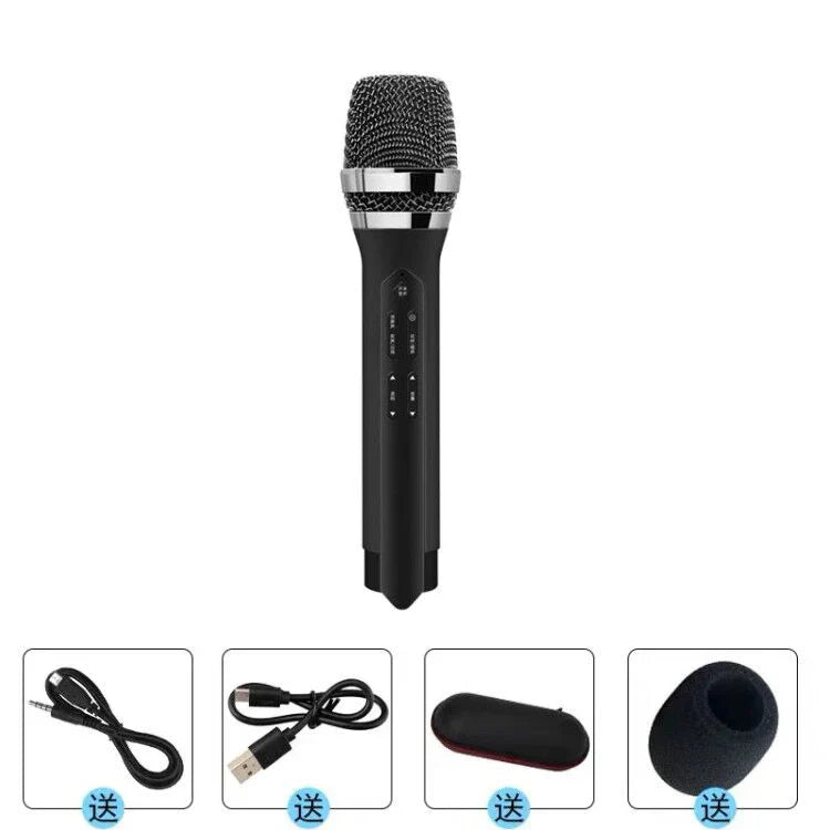 Black handheld uhf car ktv wireless microphone karaoke bluetooth with silver mesh grille and control buttons on handle