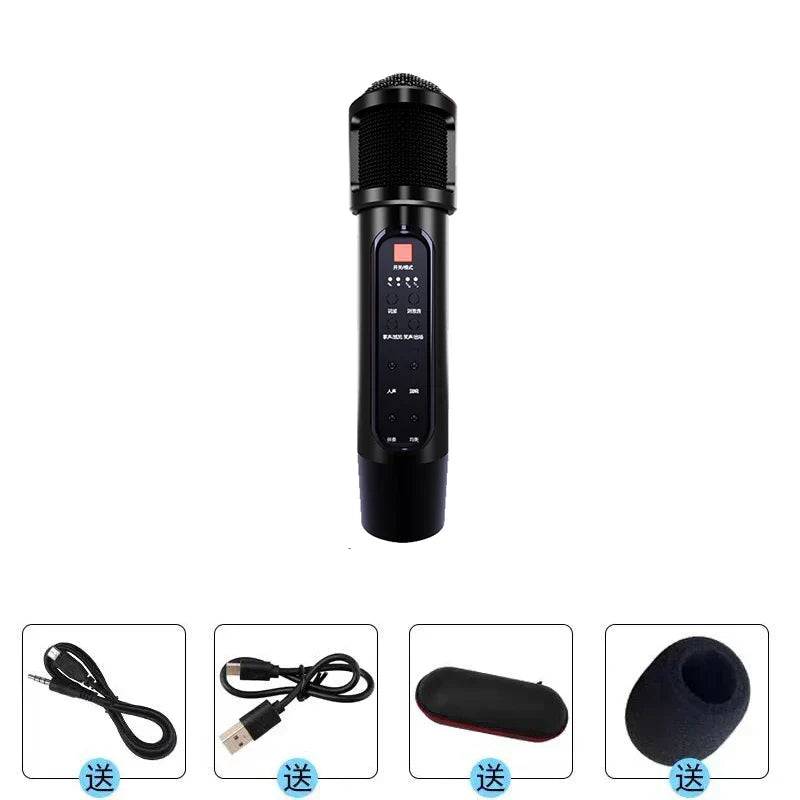 Black wireless microphone karaoke bluetooth with textured grille and control buttons for car ktv suit k-song mobile phone use