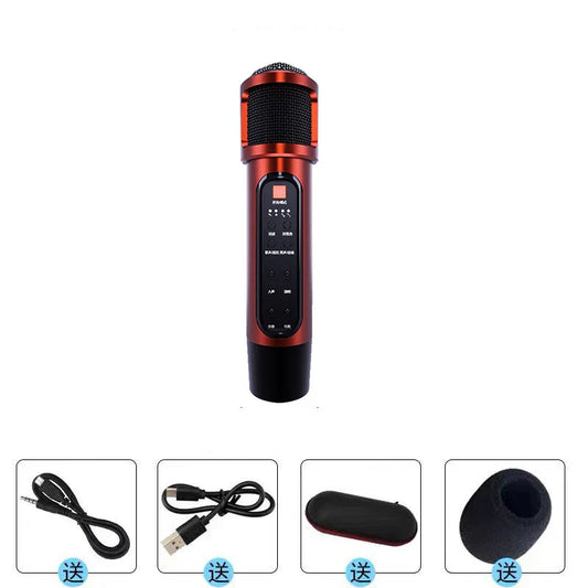 Red and black wireless microphone karaoke bluetooth with textured grille and control buttons for car ktv suit k-song mobile phone use