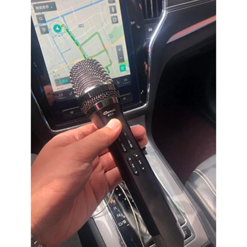 Black handheld uhf car ktv microphone karaoke bluetooth with silver mesh grille and control buttons for mobile use