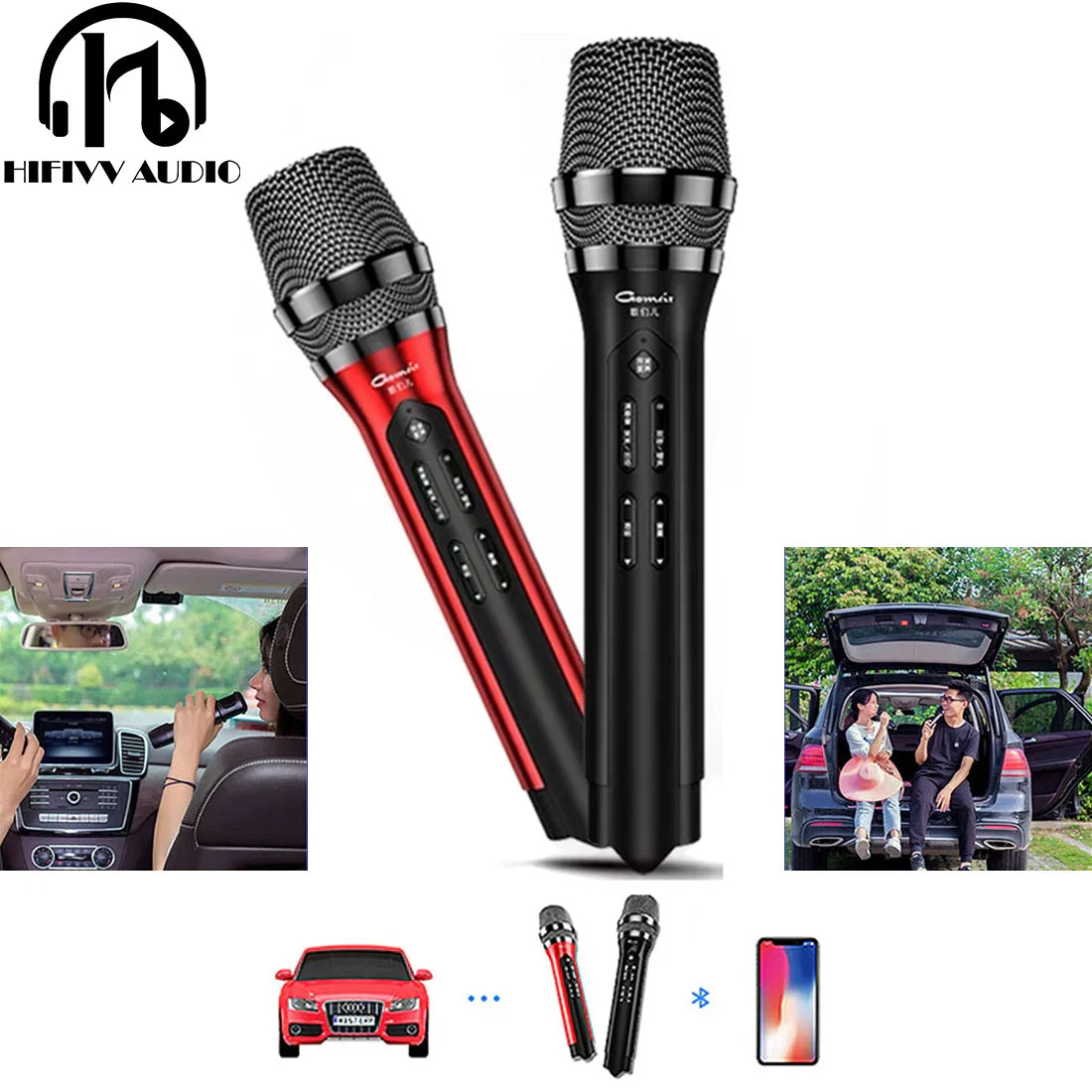 Black and red uhf car ktv wireless microphone karaoke bluetooth with metallic mesh grille and control buttons for k-song