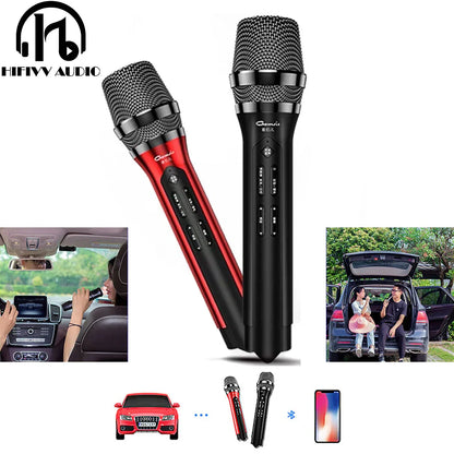 Black and red uhf car ktv wireless microphone karaoke bluetooth with metallic mesh grille and control buttons for k-song