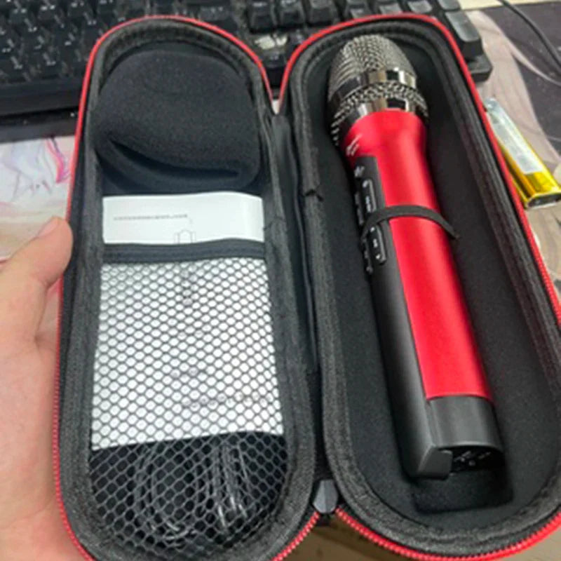 Red and black handheld uhf car ktv microphone karaoke bluetooth with metallic grille in protective carrying case