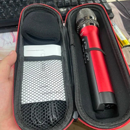 Red and black handheld uhf car ktv microphone karaoke bluetooth with metallic grille in protective carrying case
