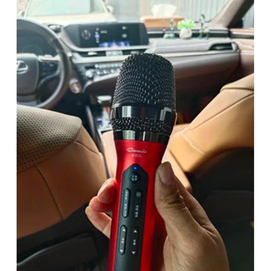 Red handheld uhf car ktv suit microphone karaoke bluetooth with black mesh grille and control buttons for mobile use