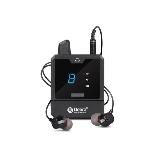 Black debra uhf iem in-ear wireless audio-mini uhf rechargeable hearing aid receiver with digital display and earbuds for music audio monitoring