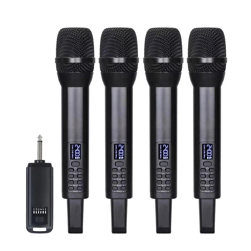 Set of four black uhf wireless handheld microphones with digital displays and bluetooth receiver for professional home reverb karaoke use