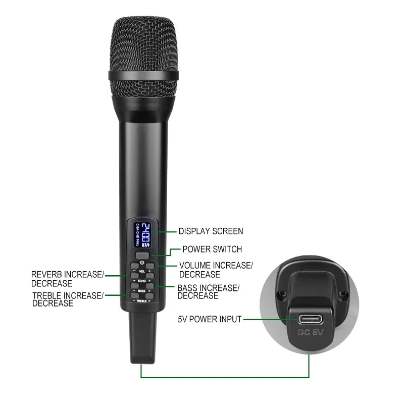 Black uhf wireless handheld karaoke microphone bluetooth with mesh grille digital display and professional home reverb controls