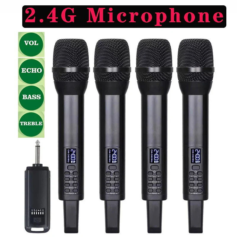 Set of four black uhf wireless handheld microphones with digital controls and karaoke microphone bluetooth receiver unit