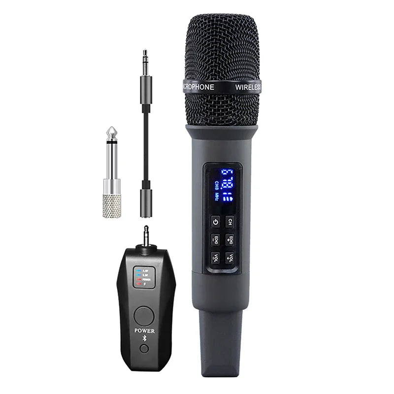 Black uhf wireless handheld dynamic karaoke microphone with textured grille digital display and control buttons for professional home reverb