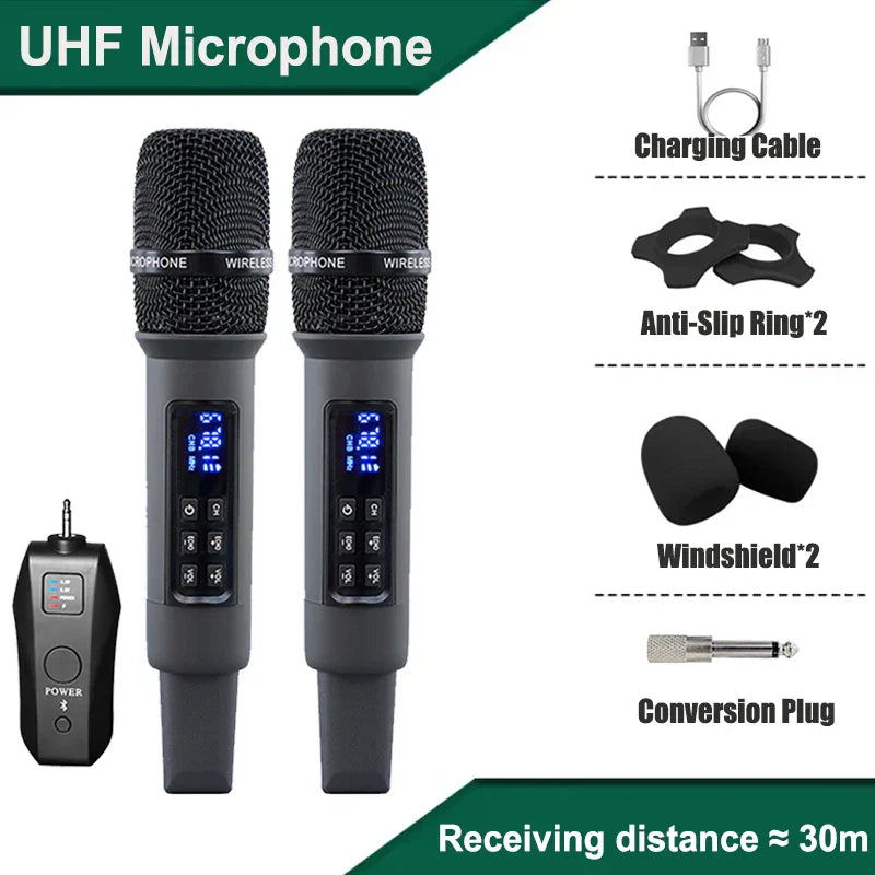 Black uhf wireless handheld dynamic karaoke microphones with mesh grilles and digital display microphone bluetooth receiver