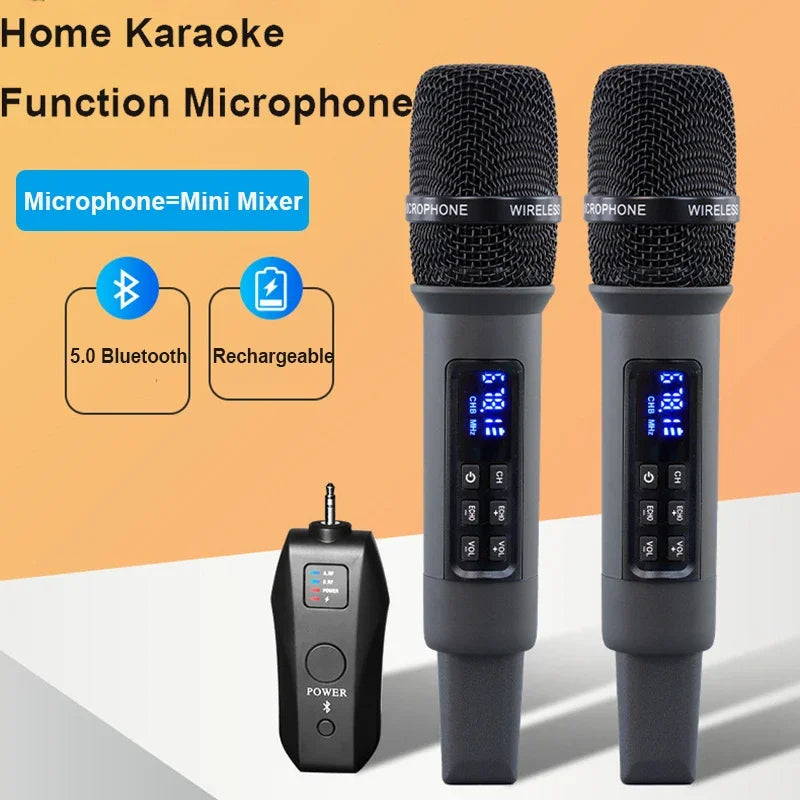 Black uhf wireless handheld dynamic karaoke microphones with digital displays and matching mini mixer for professional home reverb