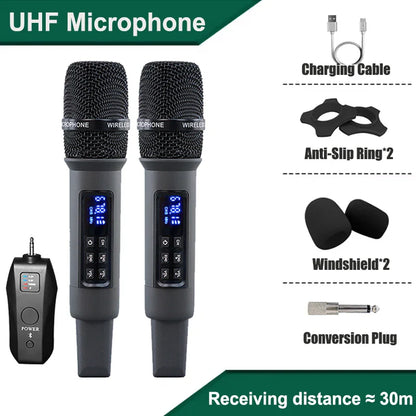 Black uhf wireless handheld dynamic karaoke microphone with textured mesh grille digital display and rechargeable lithium battery