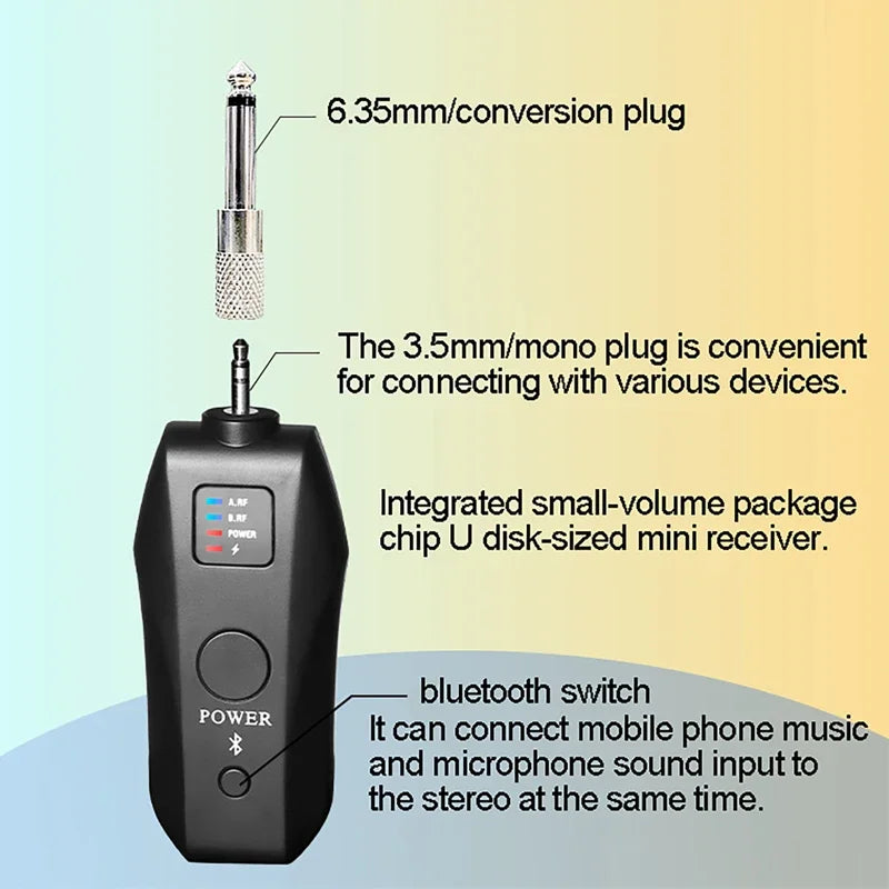Black uhf wireless handheld dynamic karaoke microphone bluetooth receiver with 3.5mm mono plug for stereo connection