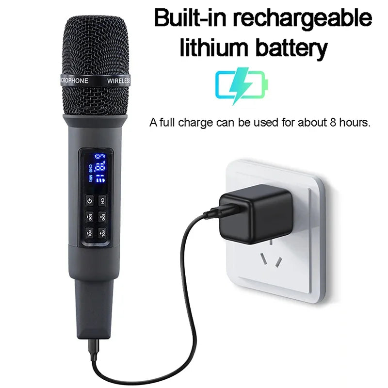 Black uhf wireless handheld dynamic karaoke microphone with built-in rechargeable battery and bluetooth receiver digital display