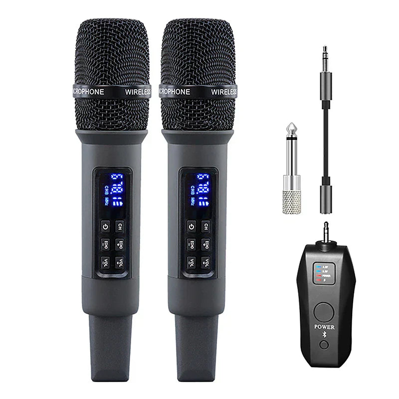 Black uhf wireless handheld dynamic karaoke microphone with mesh grille and bluetooth receiver for professional use