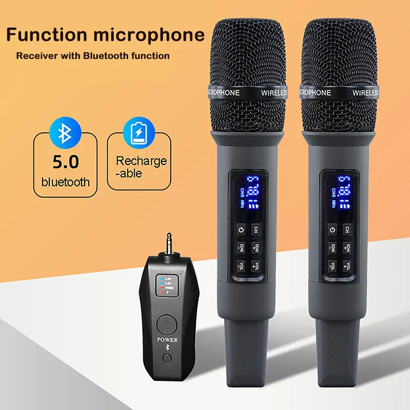 Black uhf wireless handheld dynamic karaoke microphone with bluetooth receiver and digital display for professional use