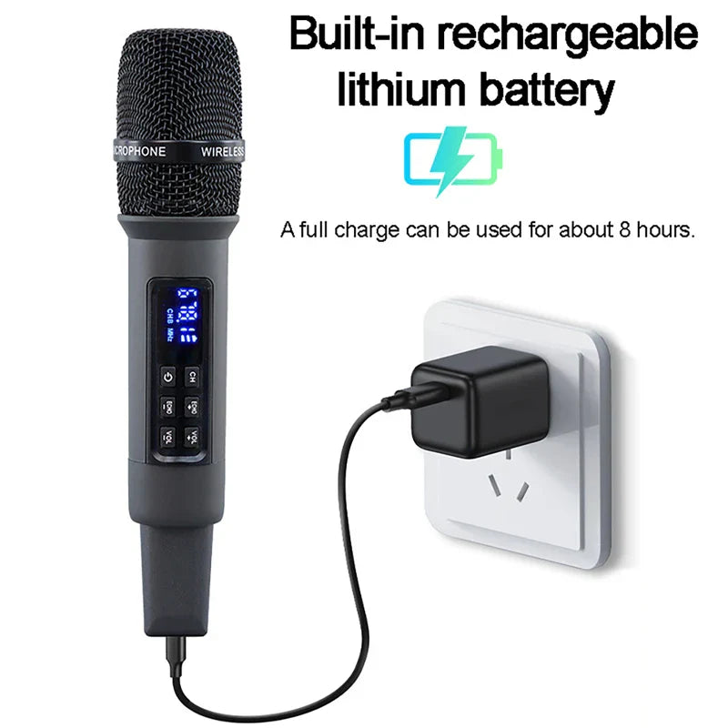 Black uhf wireless handheld dynamic karaoke microphone with built-in rechargeable lithium battery and bluetooth receiver digital display