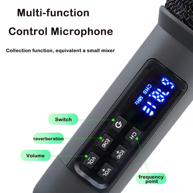 Black uhf wireless handheld dynamic karaoke microphone with bluetooth receiver digital display and multifunction buttons