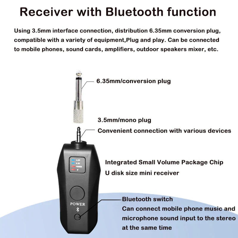 Black u disk size mini microphone bluetooth receiver with 3.5mm and 6.35mm plugs for dynamic karaoke microphone use