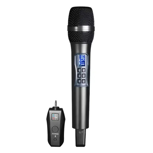 Black uhf wireless handheld dynamic karaoke microphone with digital display and matching microphone bluetooth receiver