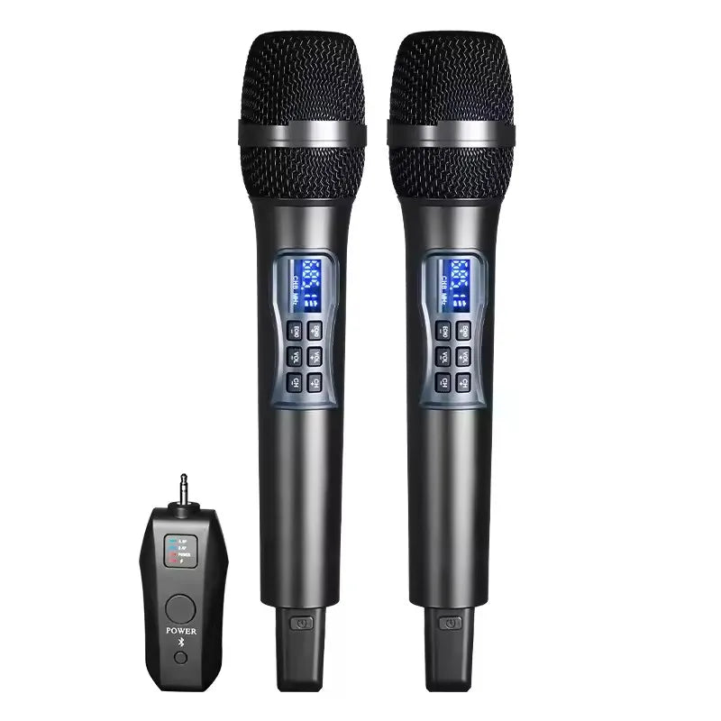 Black uhf wireless handheld dynamic karaoke microphone with digital display and microphone bluetooth receiver unit