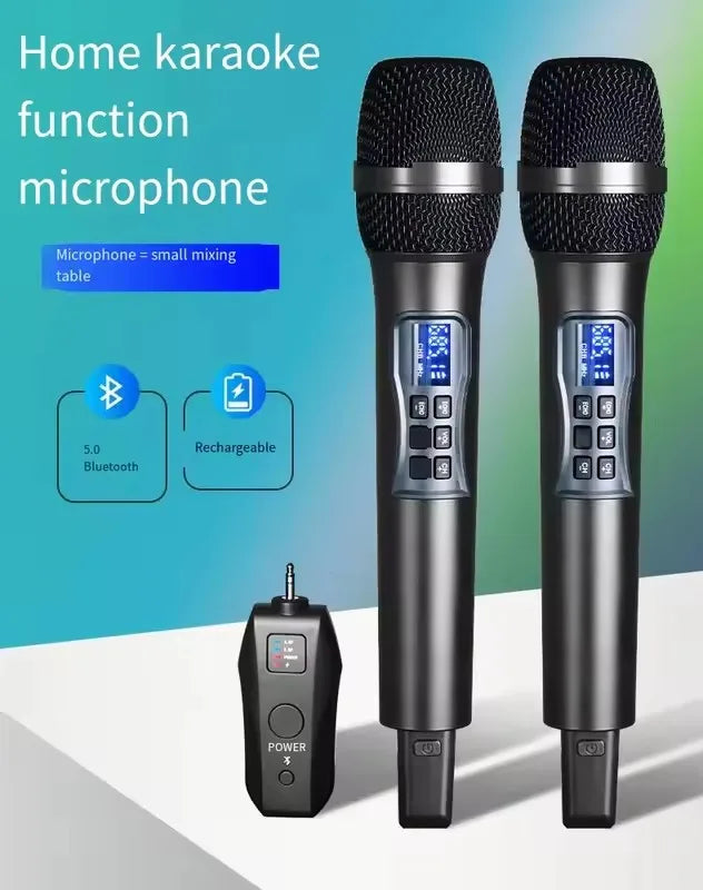 Black uhf wireless handheld dynamic karaoke microphone with silver accents and microphone bluetooth receiver unit