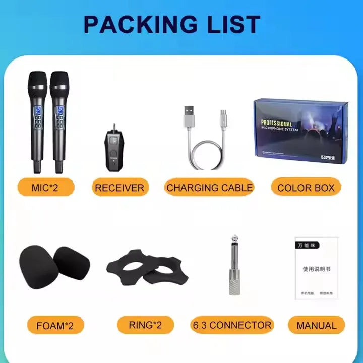 Black uhf wireless handheld dynamic karaoke microphone with digital display silver accents and bluetooth receiver for home use