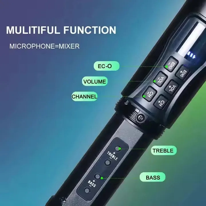 Black uhf wireless handheld dynamic karaoke microphone with integrated mixer controls and illuminated buttons