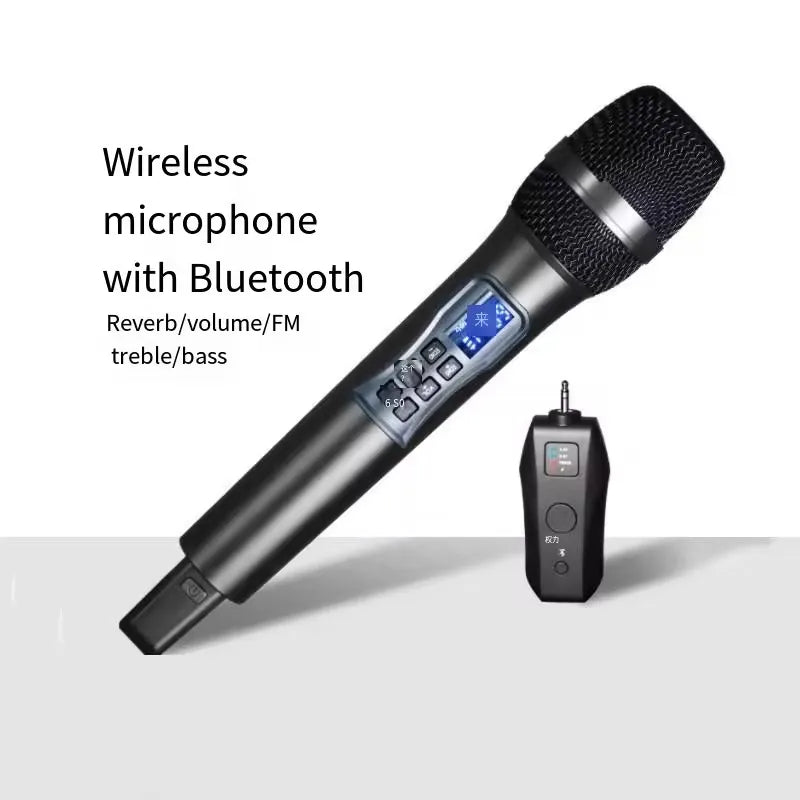 Black uhf wireless handheld dynamic karaoke microphone bluetooth receiver with mesh grille and blue backlit control panel