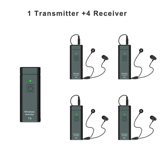 Black uhf wireless in-ear monitor system with one transmitter and four receivers featuring green power indicators for professional digital sound and outdoor transmitter receiver use